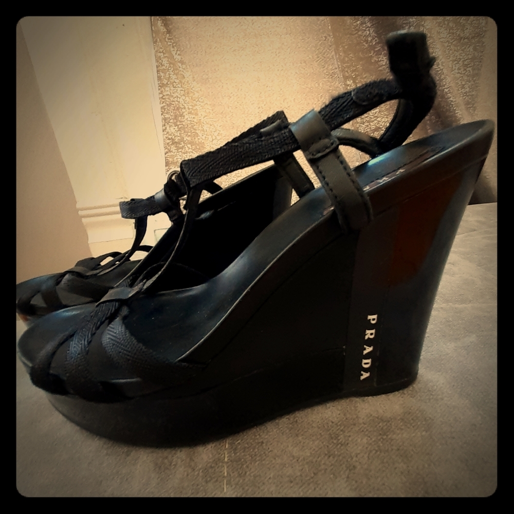PRADA black wedge sandals